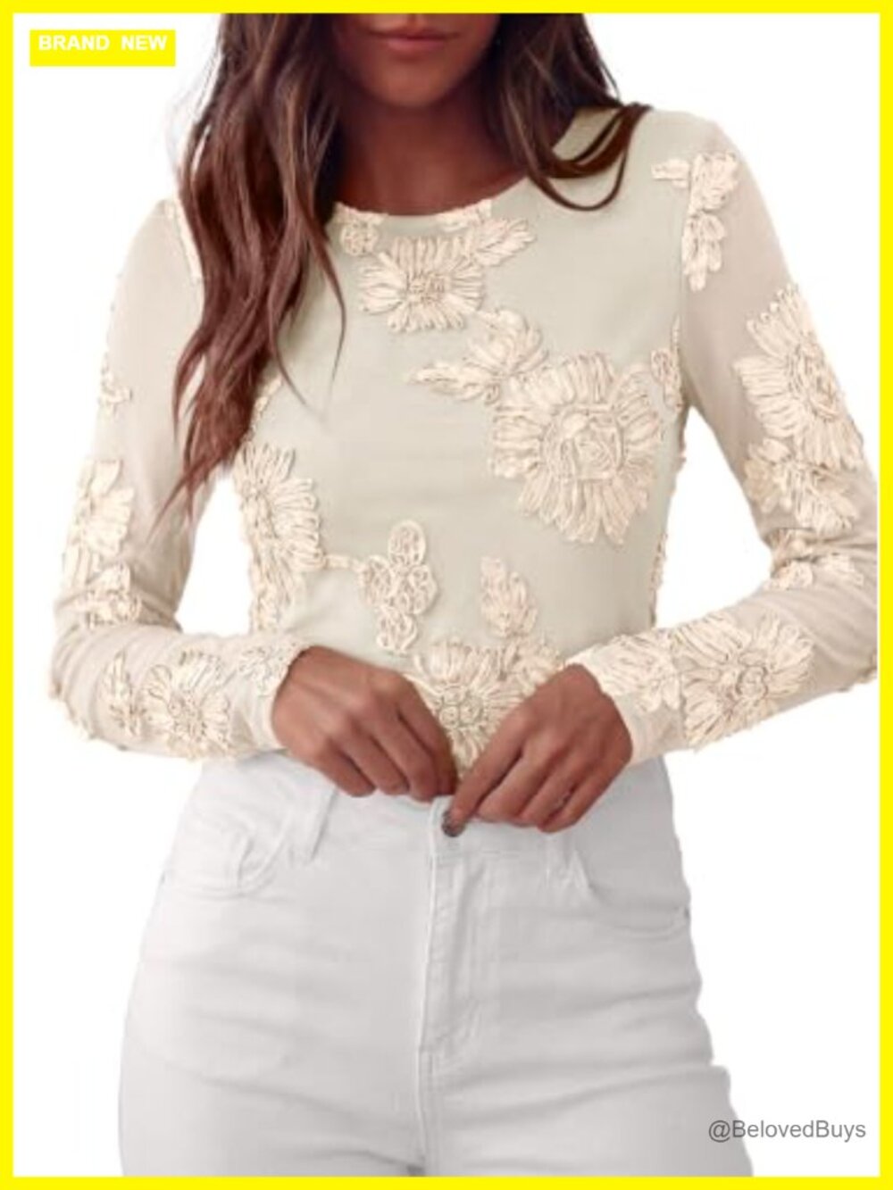 Mesh Long Sleeve Embroidered Floral Blouse Crew Neck Fitted Top